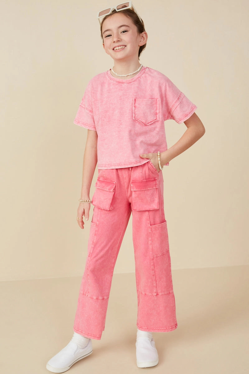 Hayden Girls Pink Washed Cargo Pocket Detail Wide Leg Knit Pants and Shirt Set