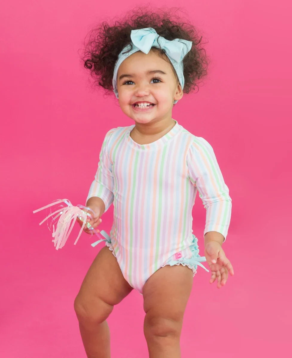 Pale Rainbow Stripe Long Sleeve One Piece Rash Guard