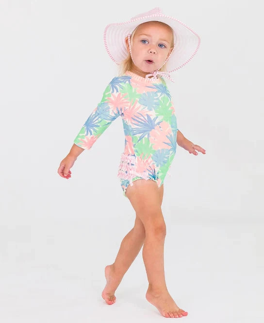 Pastel Palms Long Sleeve One Piece Rash Guard