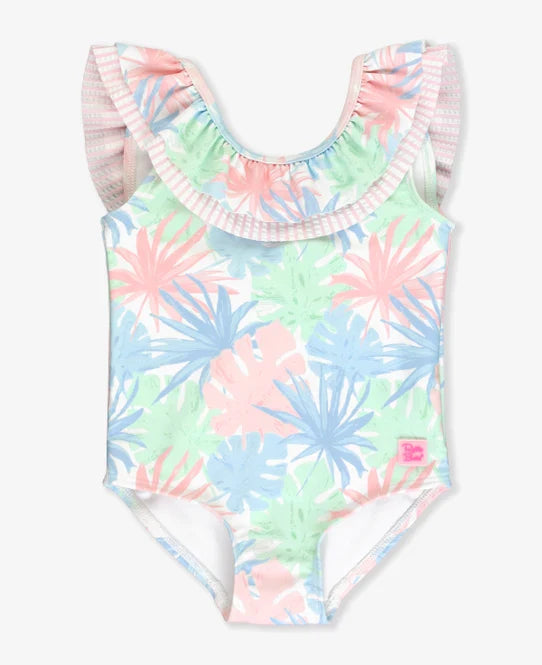 Pastel Palms Scoopback Ruffle One Piece