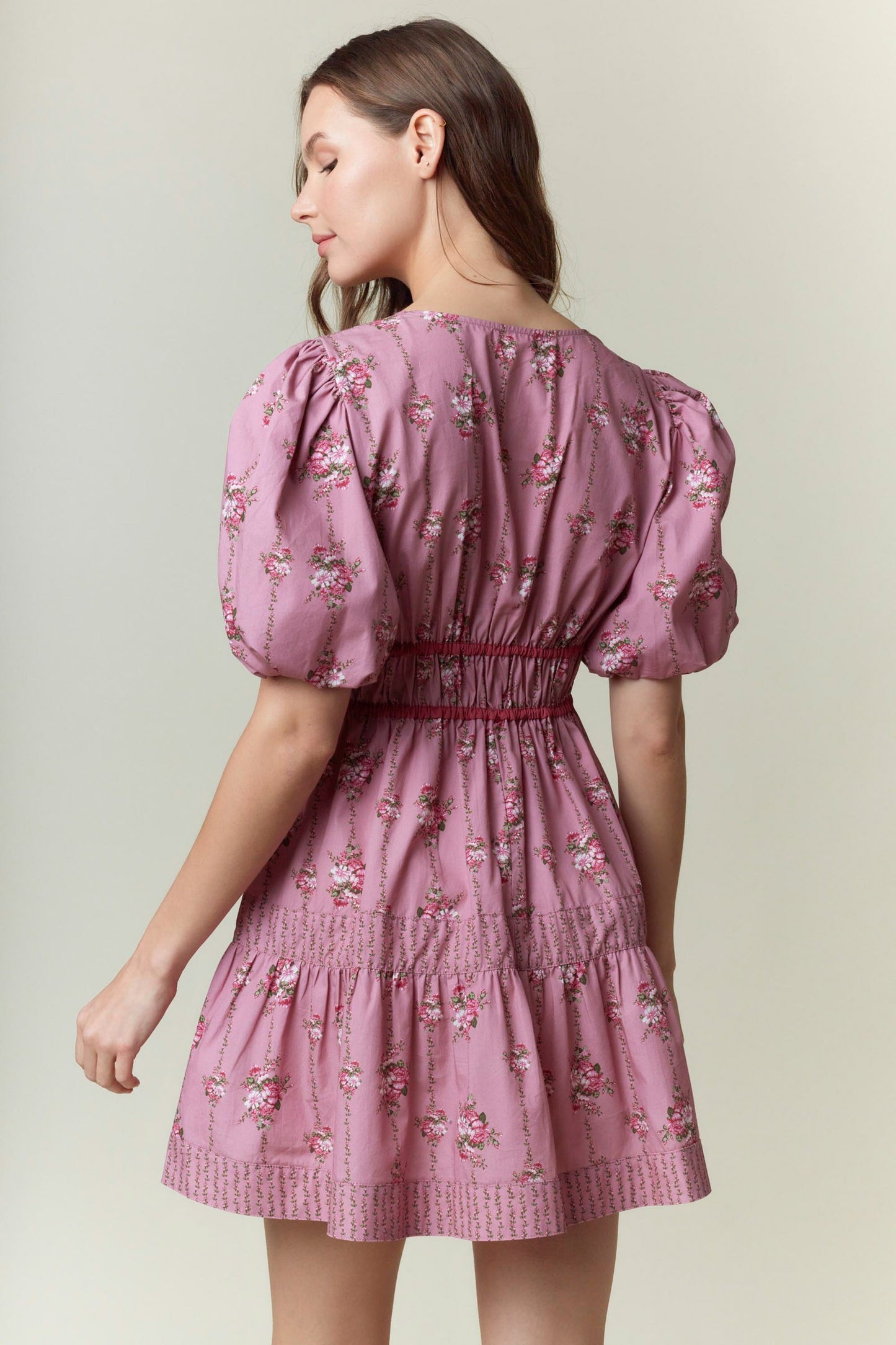 Floral Printed Poplin Puff Sleeve Dress