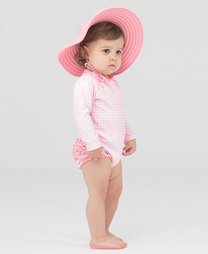 Pink gingham one piece rashguard swimsuit