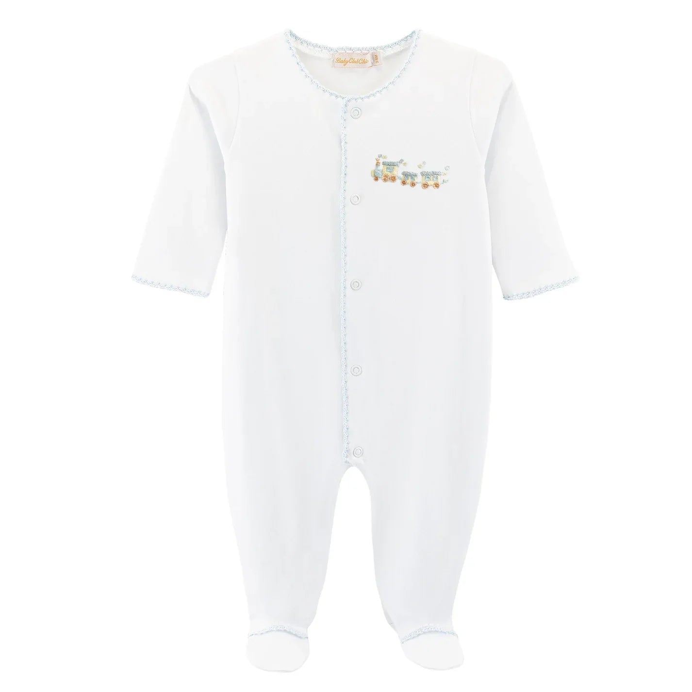 Little Train Embroidered Footie w/ Crochet Trim