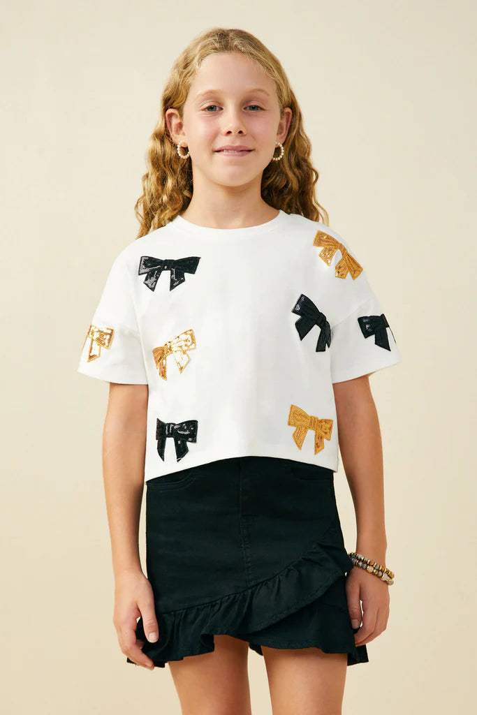 Purple & Gold Girls Sequin Bow Patched T-Shirt