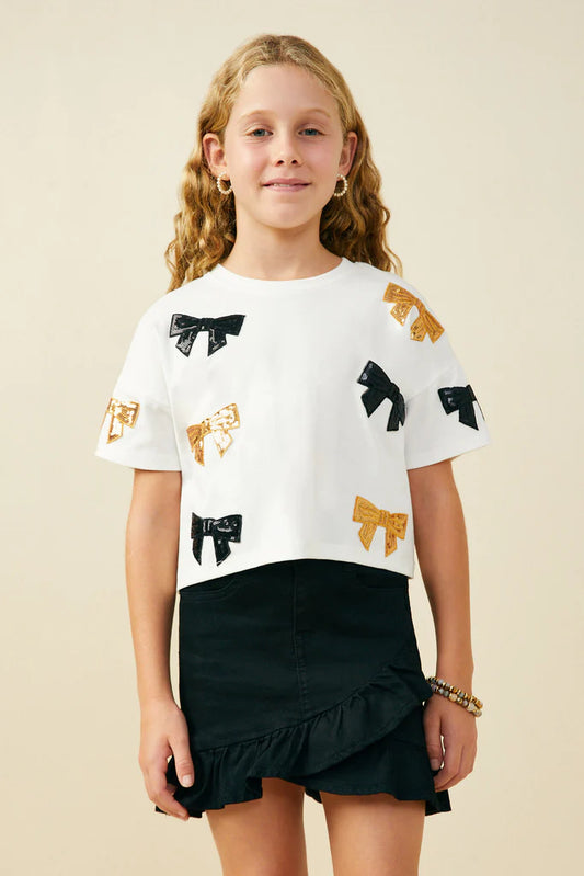 Purple & Gold Girls Sequin Bow Patched T-Shirt