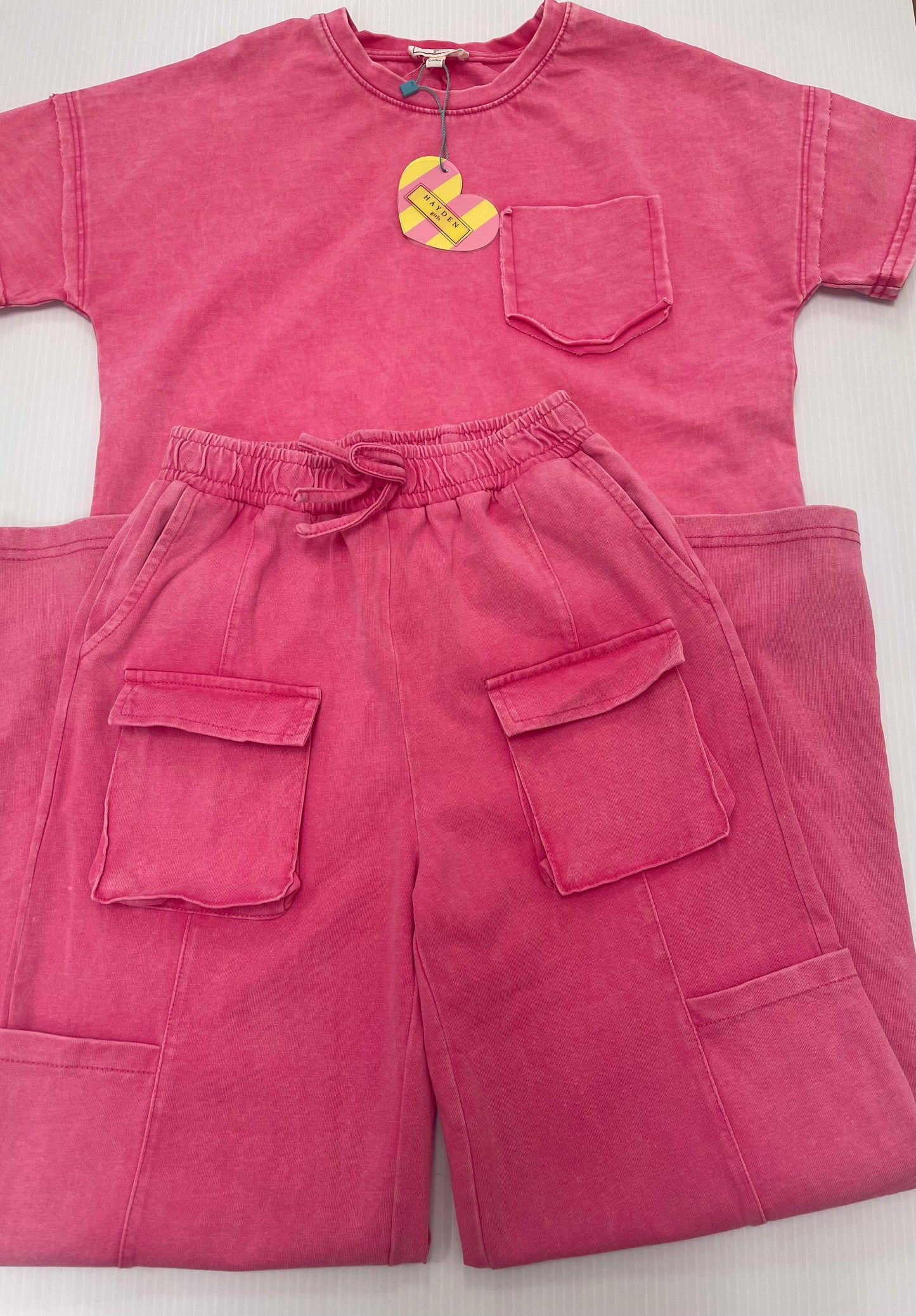 Hayden Girls Pink Washed Cargo Pocket Detail Wide Leg Knit Pants and Shirt Set