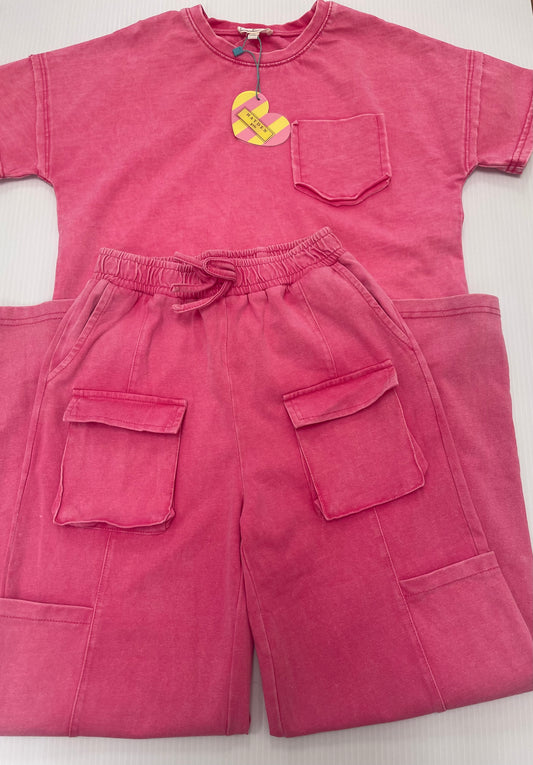 Hayden Girls Pink Washed Cargo Pocket Detail Wide Leg Knit Pants and Shirt Set