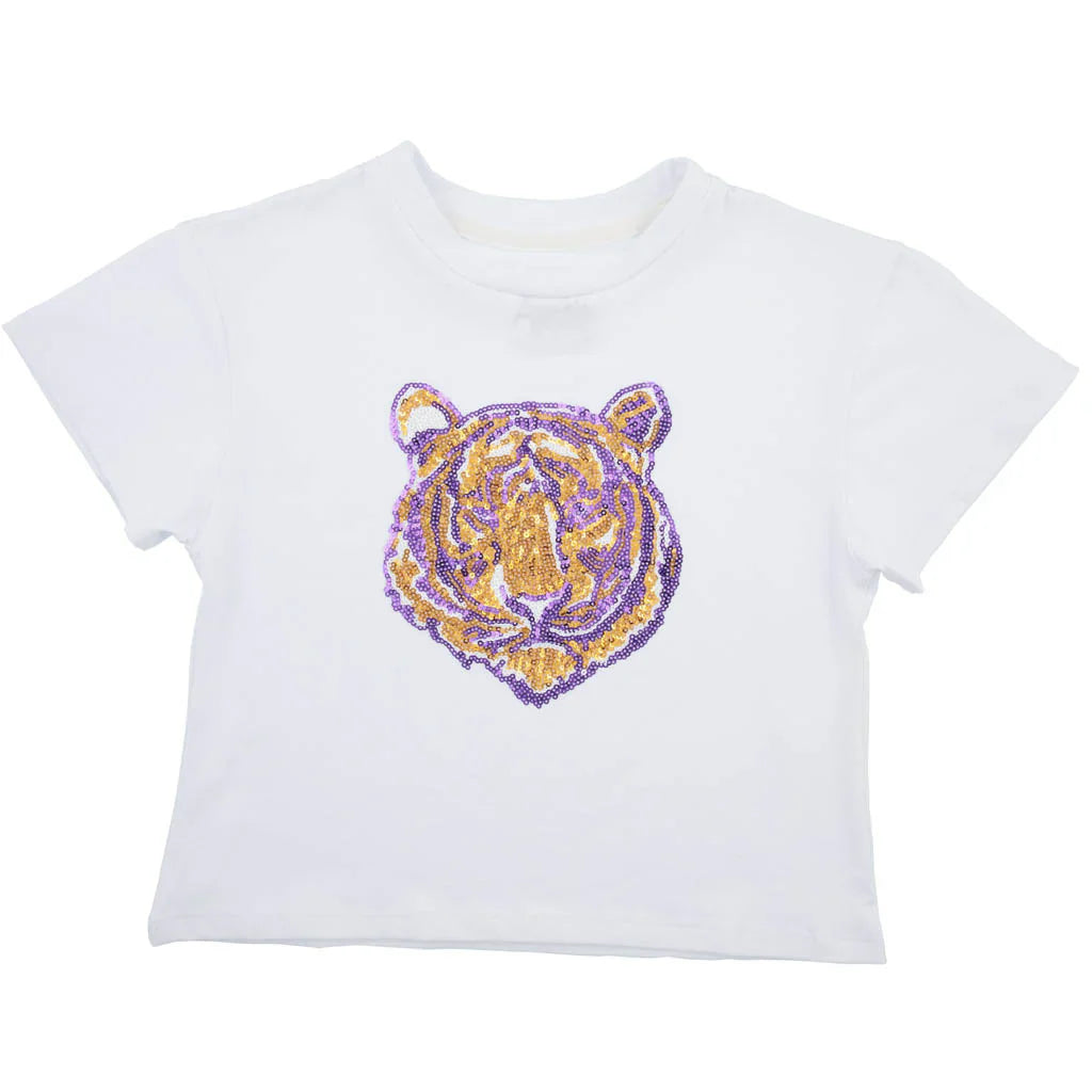 Game Day Sequin Tiger Face Purple & Gold Boxy T'