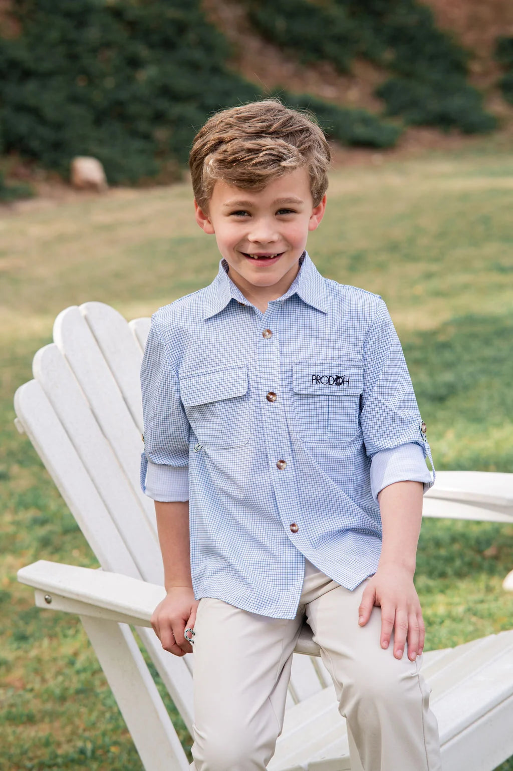 Boys' Long Sleeve Founders Kids Fishing Shirt Navy Blue Peony Surfside Plaid
