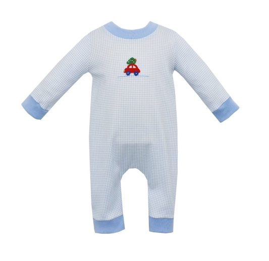 Car W/ Tree Boy's Long Romper- Blue Check L/S