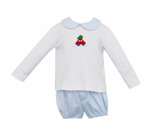 Car W/ Tree Boy's Diaper Set-Blue Check L/S