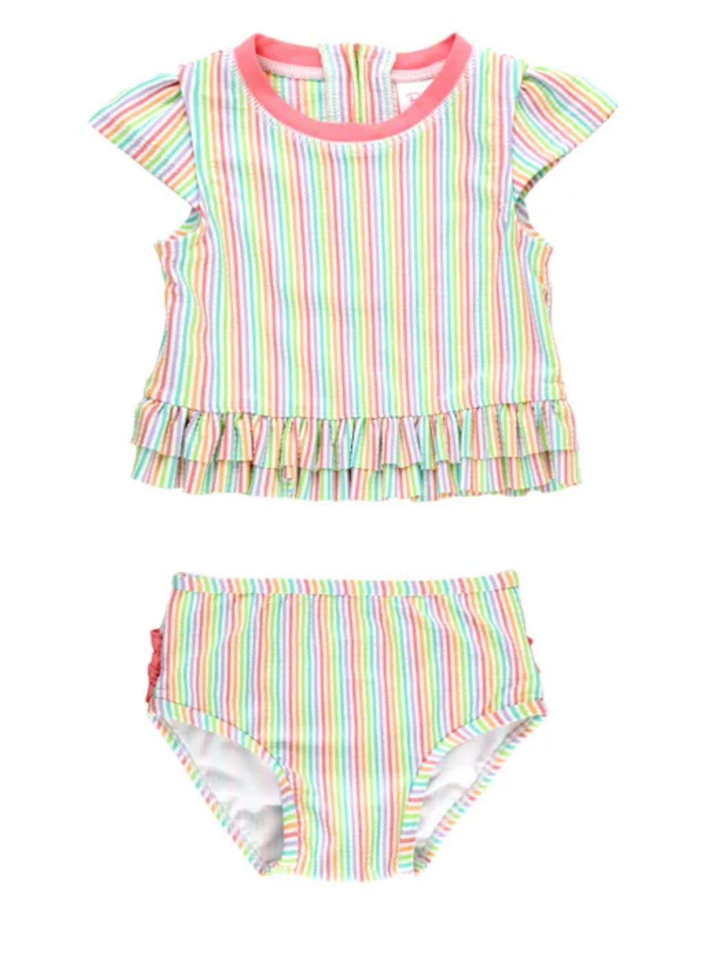 Rainbow Seersucker Cap Sleeve Ruffle Hem 2-piece