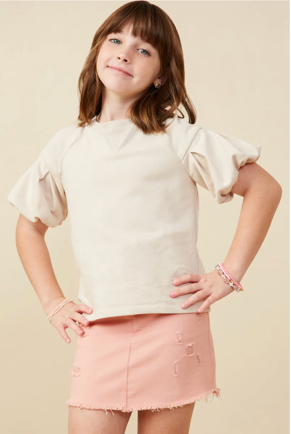 Beige Puff Sleeve SS Shirt