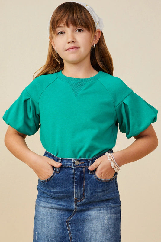Girls Green Puff Sleeve SS Shirt
