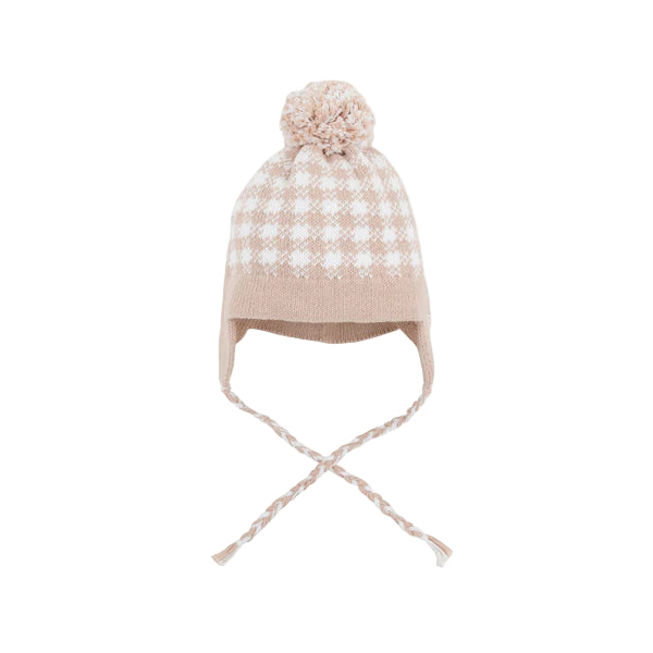 Beaufort Bonnet Light Khaki Gingham/Worth Ave White Parrish Pom Pom Hat