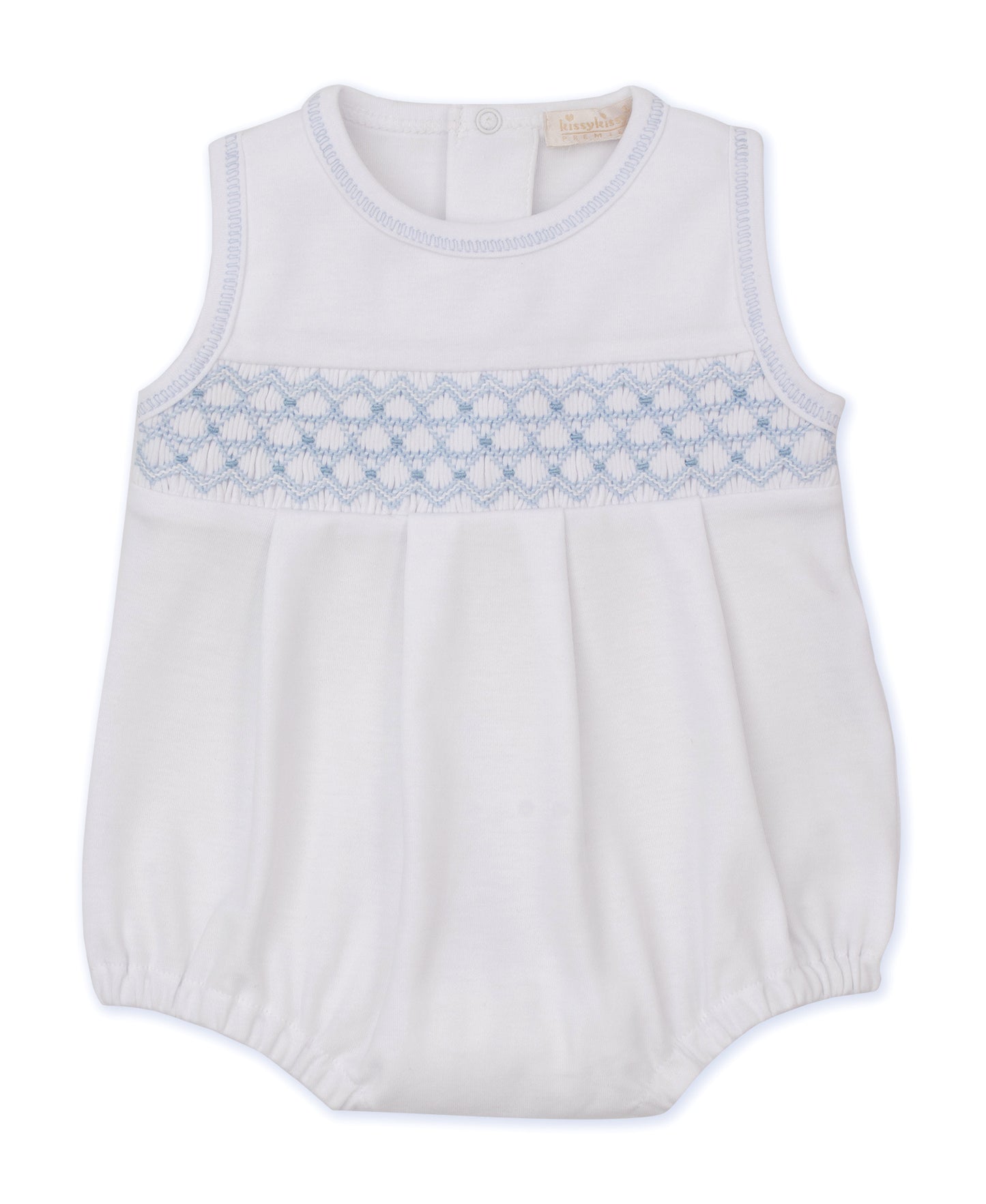 White with Blue hand smocked bubble