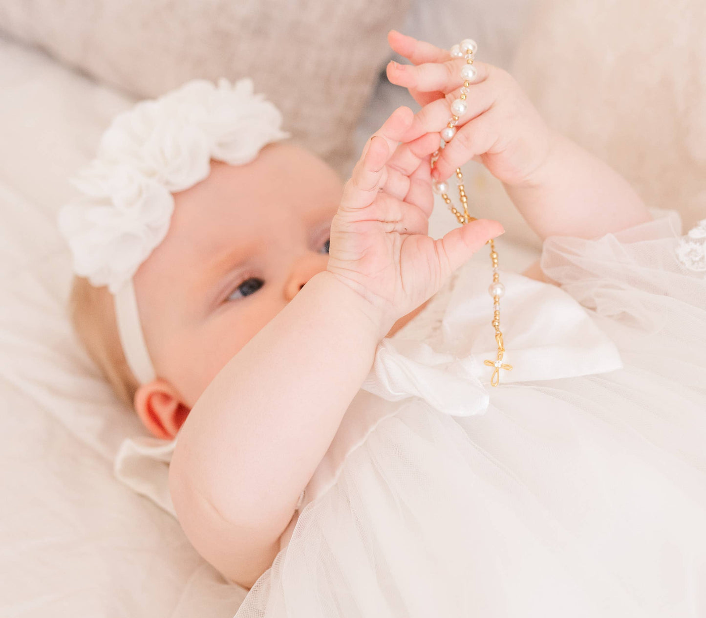 Gold-Plated Sterling Silver White Baby Rosary Baptism Gift