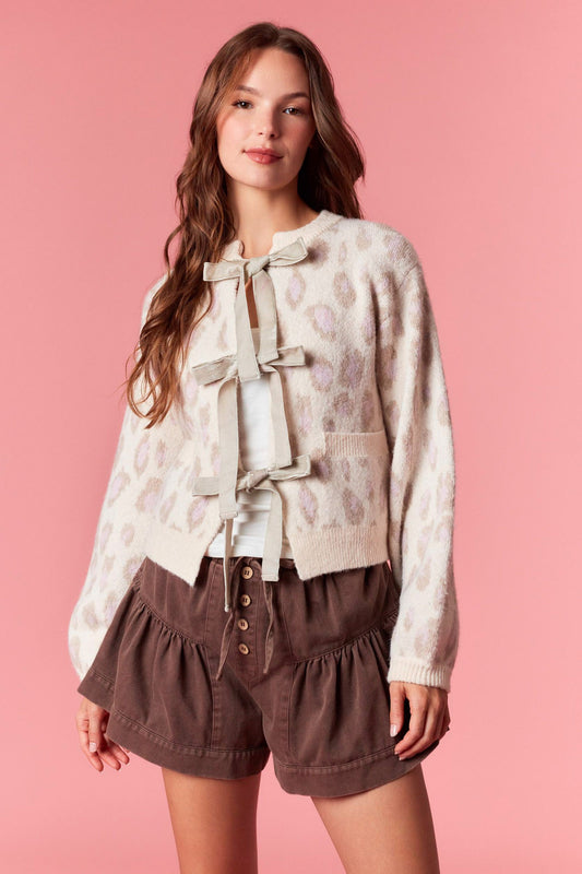 Front Tie Velvet Leopard Cardigan