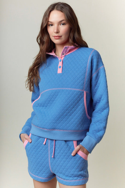 Quilted Contrast Pocket Opening Long Sleeve Top/Short Set