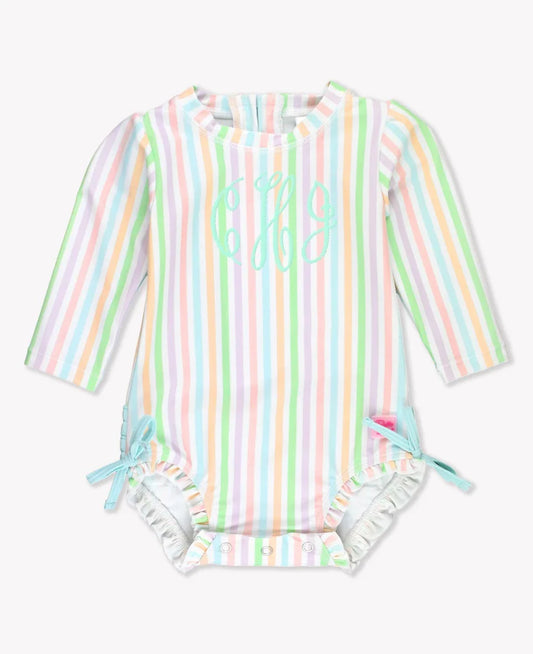 Pale Rainbow Stripe Long Sleeve One Piece Rash Guard