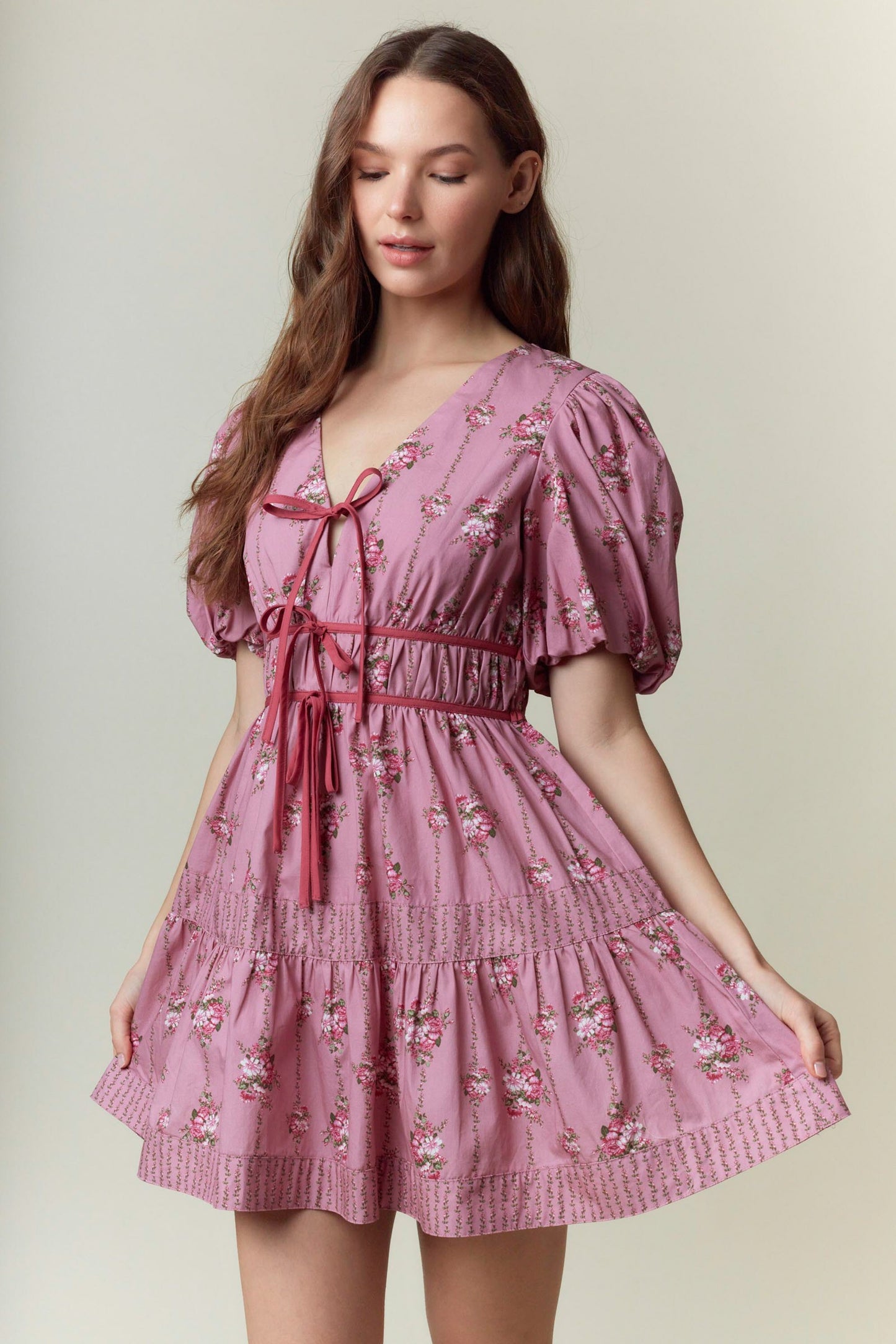 Floral Printed Poplin Puff Sleeve Dress
