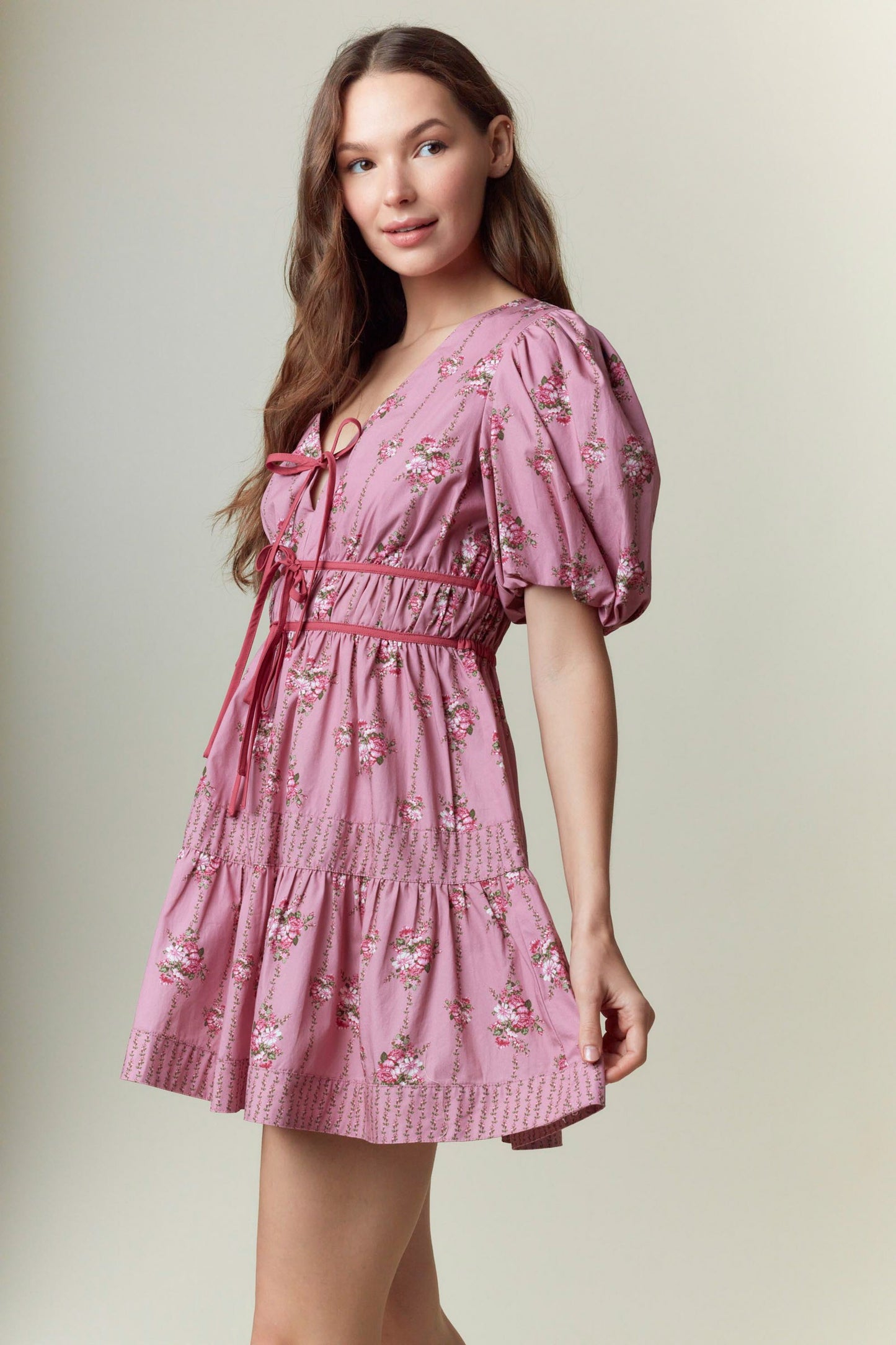 Floral Printed Poplin Puff Sleeve Dress