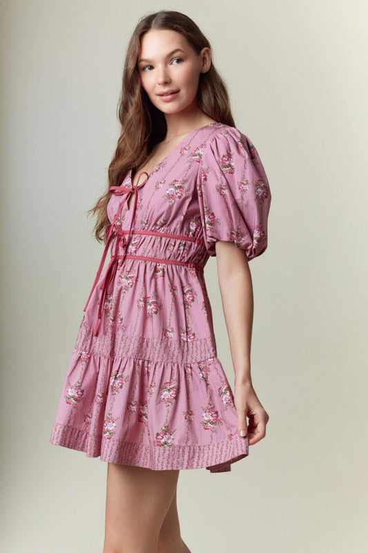 Floral Printed Poplin Puff Sleeve Dress