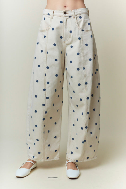 Polka Dot Printed Wide Denim Pants