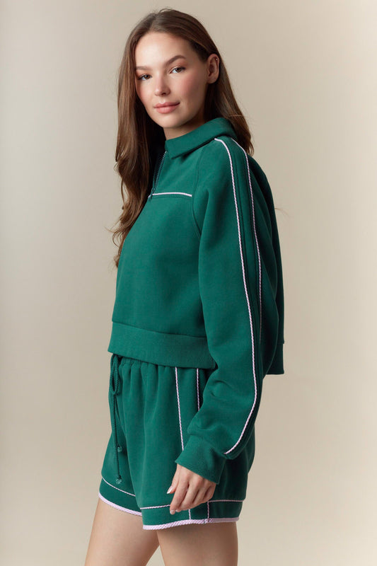 Gingham Piping Detailed Fleece French Terry Sweatshirt/Short Set