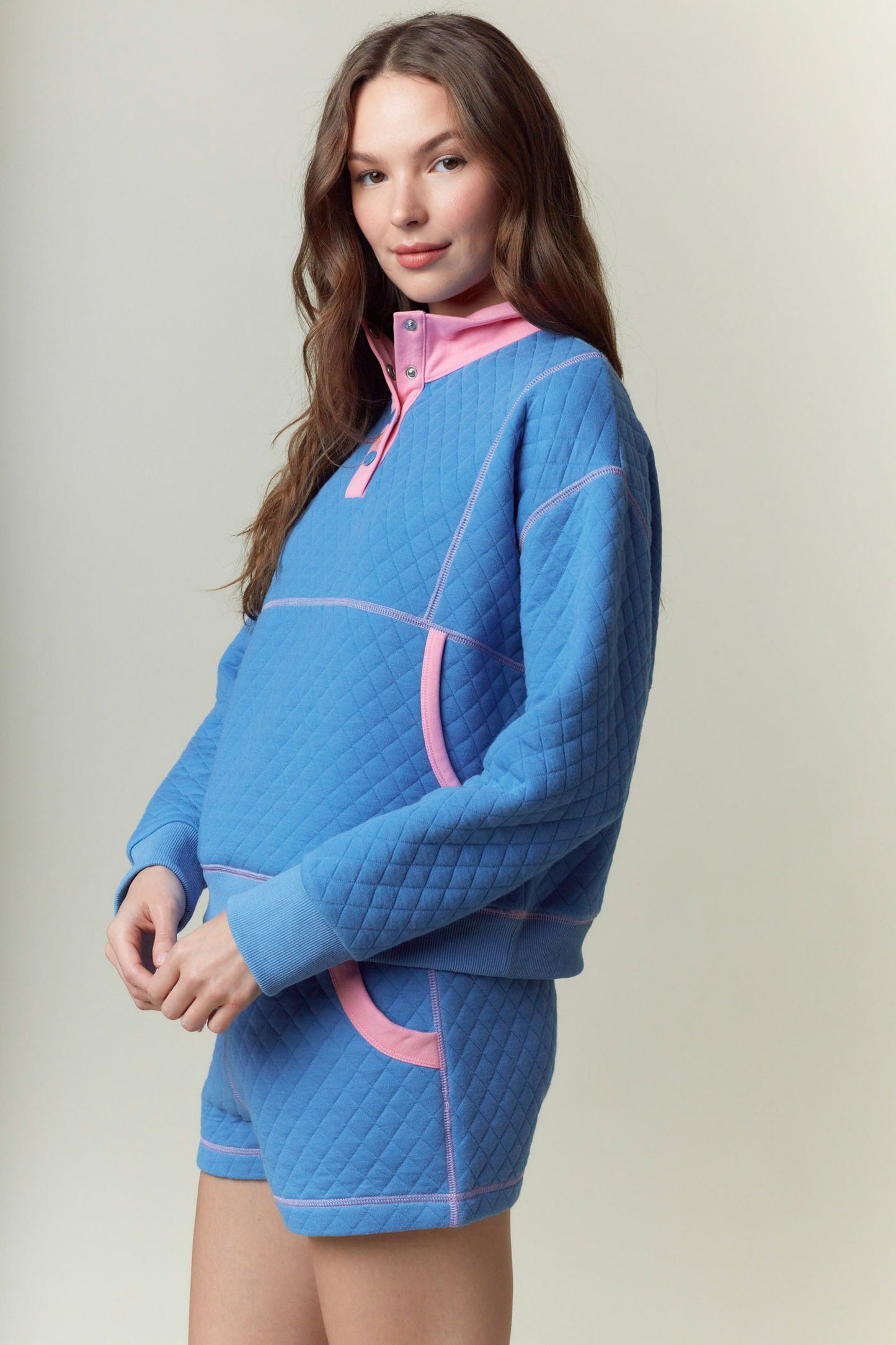 Quilted Contrast Pocket Opening Long Sleeve Top/Short Set