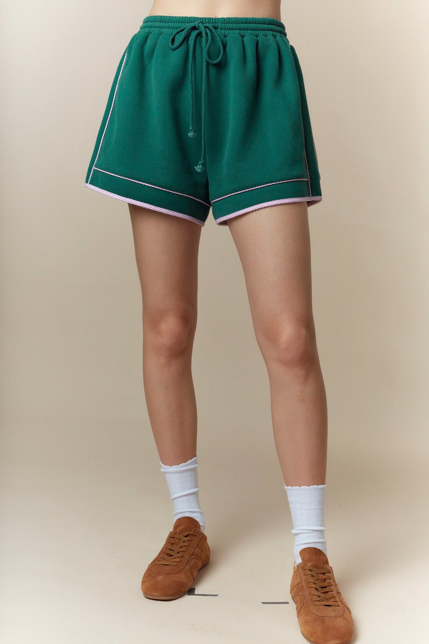 Gingham Piping Detailed Fleece French Terry Sweatshirt/Short Set