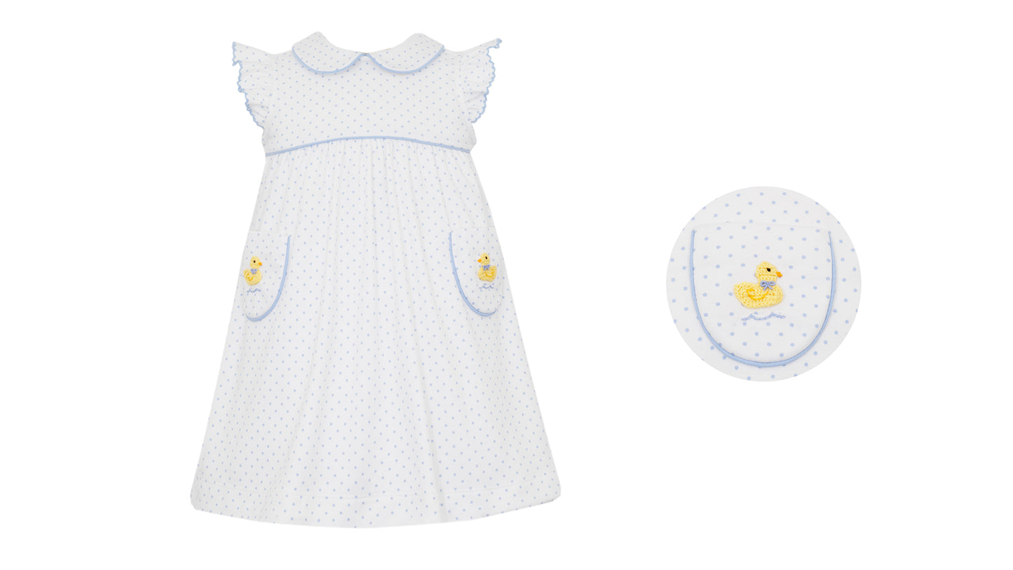DUCKS GIRL´S - Lt.blue & White polka dot dress w/ pockets