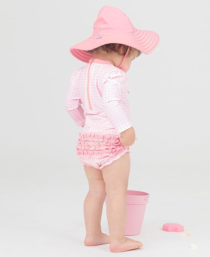 Pink gingham one piece rashguard swimsuit