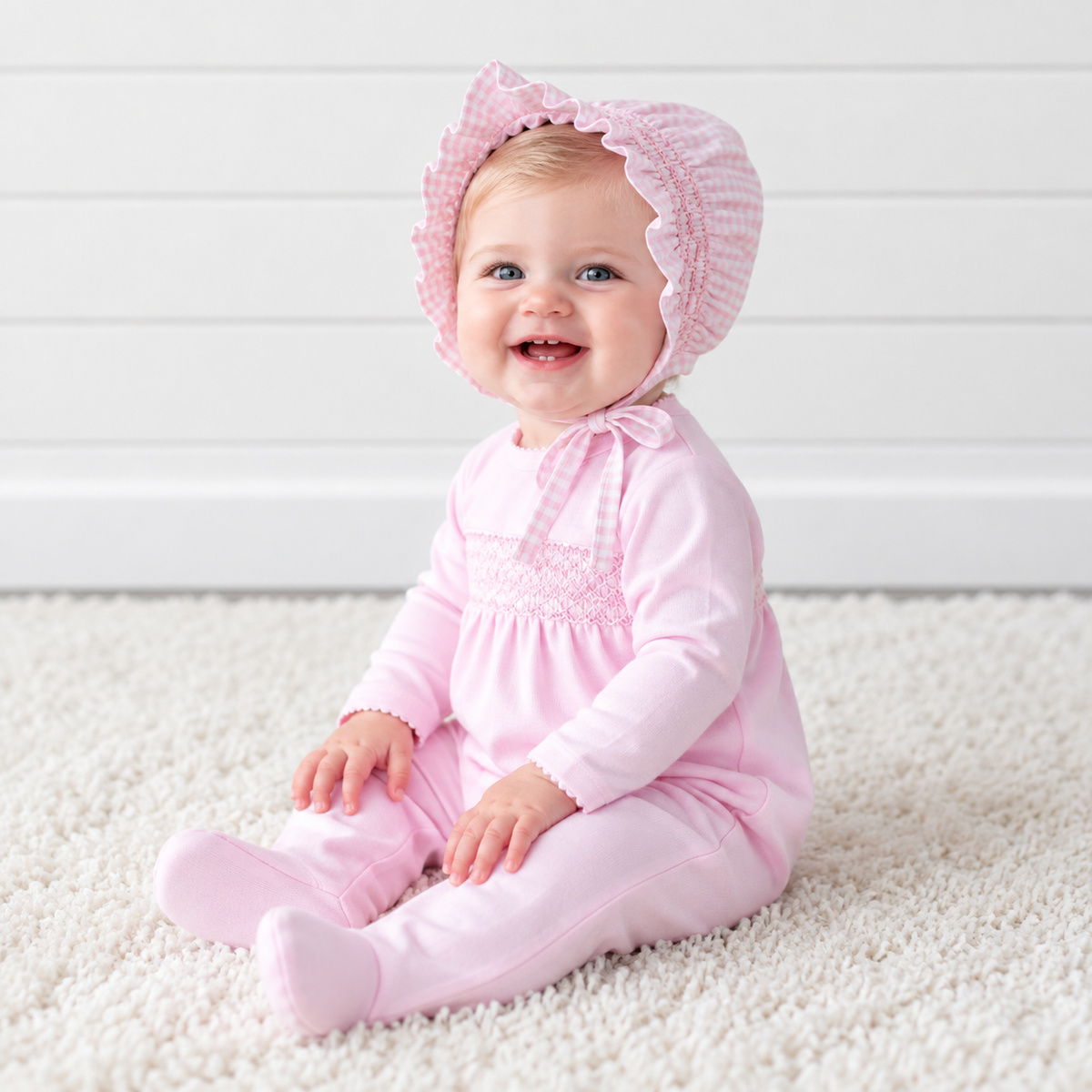 Pink gingham clsssic Pima Hand Smocked Bonnet