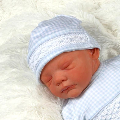 Blue gingham clsssic Pima Hand Smocked Beanie