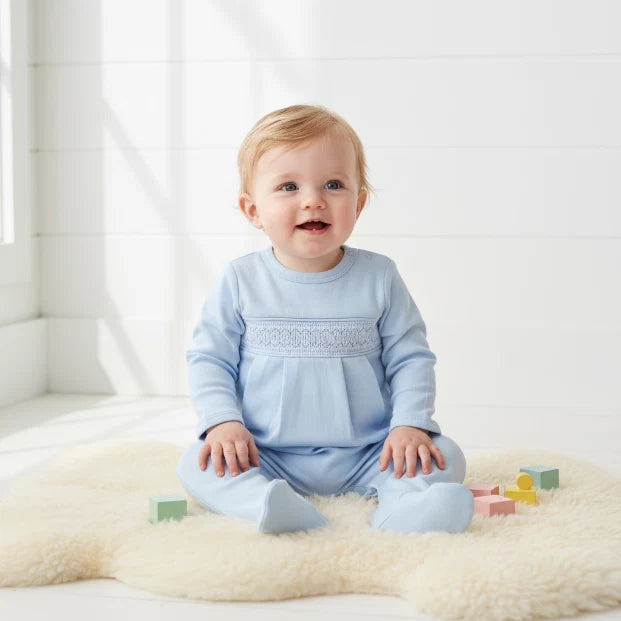 Blue Pima Hand Smocked Footie