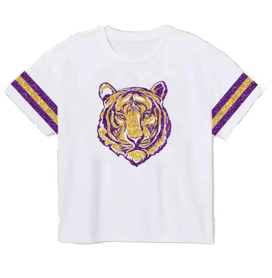 Game Day Glitter Boxy T' Purple Gold Tiger
