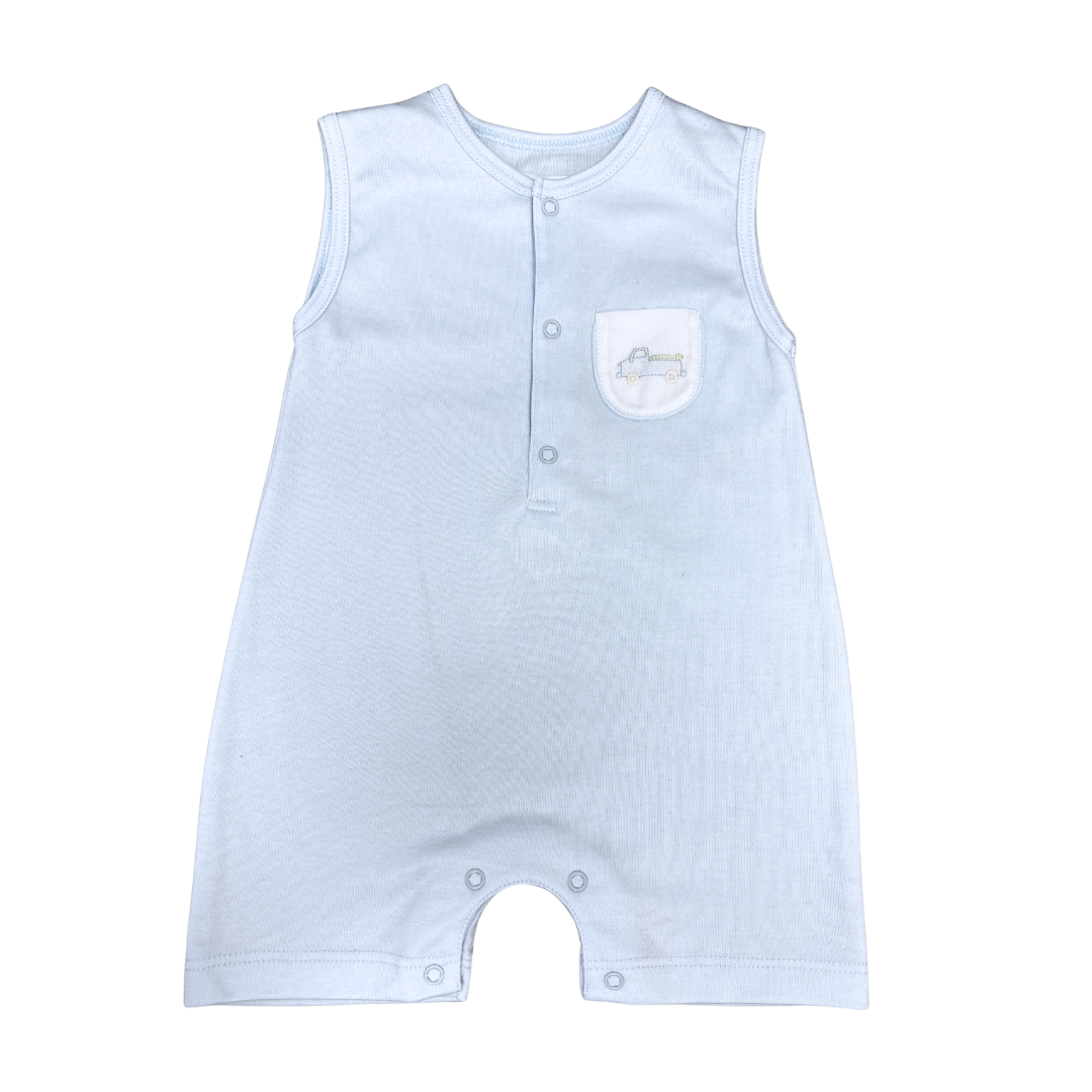 Knit Shortall With Blue Truck Embroidery
