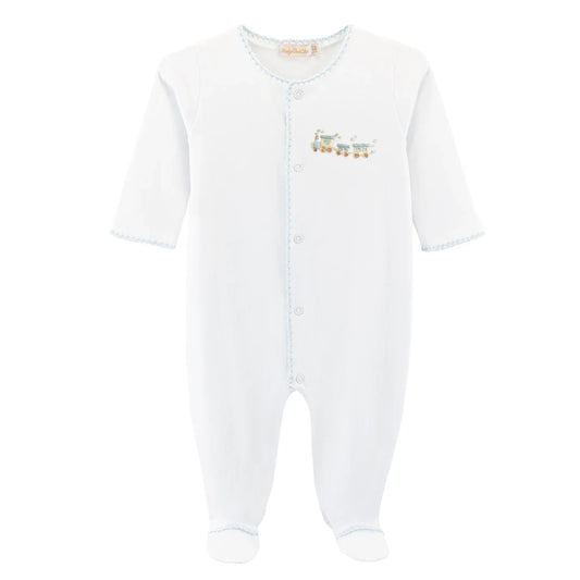 Little Train Embroidered Footie w/ Crochet Trim