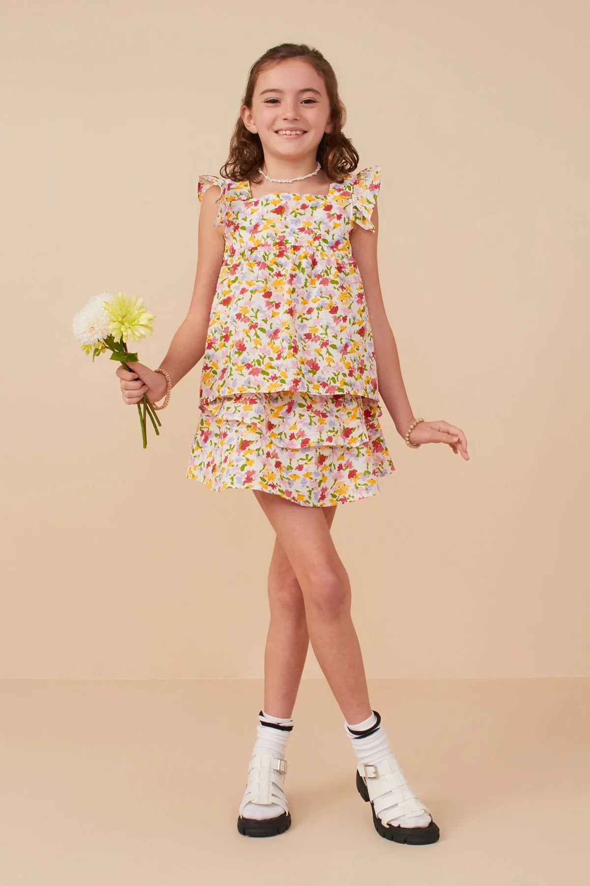 Floral Ruffled Tank and Smocked Skirt Set