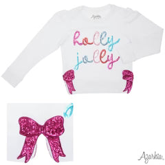Sequin Holly Jolly On White Hot Pink Bows- Christmas