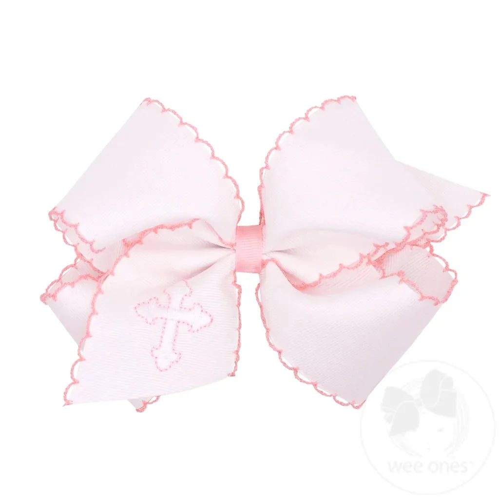 King White Grosgrain Hair Bow with Moonstitch Edge and Cross Embroidery on Tail - White & Pink