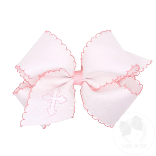 King White Grosgrain Hair Bow with Moonstitch Edge and Cross Embroidery on Tail - White & Pink