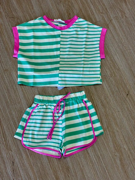Sleeveless Green/Pink Colorblock Short Set