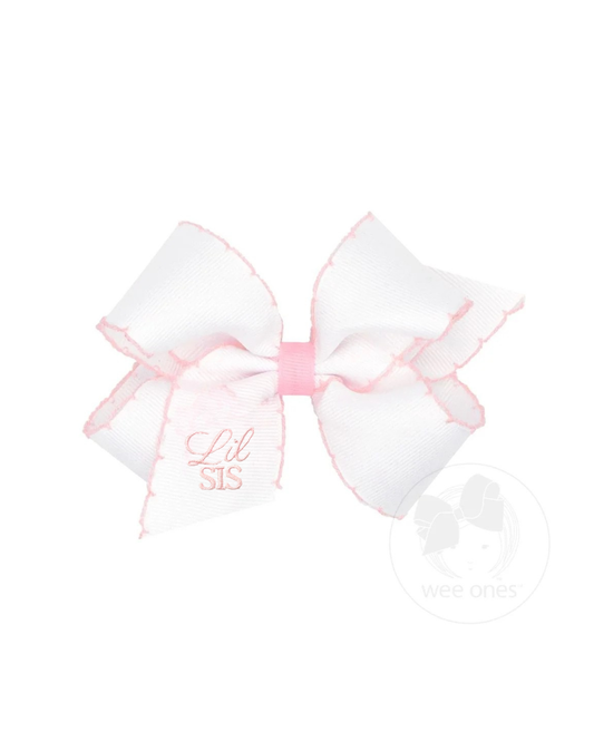 King Grosgrain Hair Bow with Light Pink Moonstitch Edge and Lil Sis Embroidery