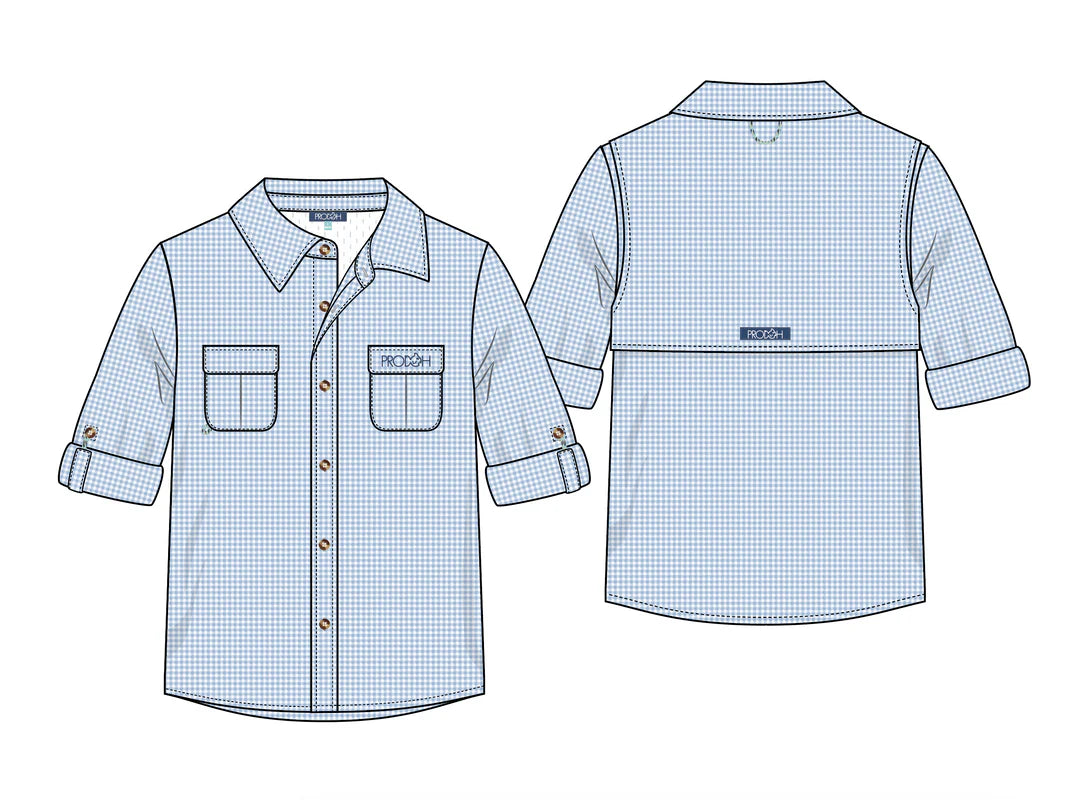 Long Sleeve Founders Kids Fishing Shirt Clear Sky Gingham