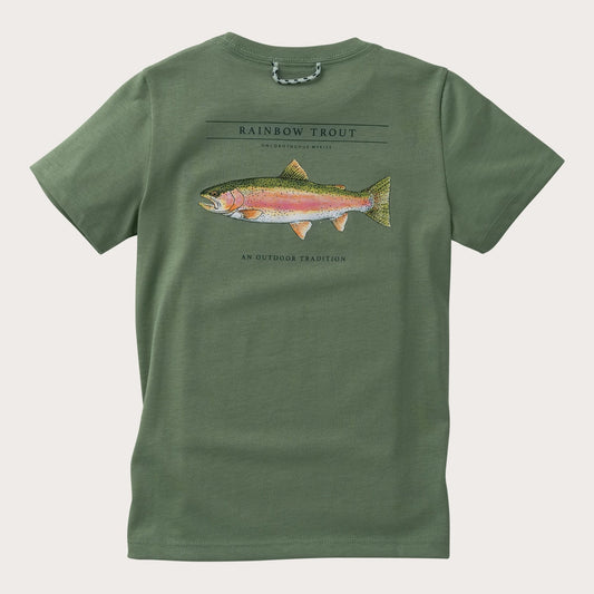 Boys' Short Sleeve Cotton T-shirt in Hedge Green with Rainbow Trout Fish