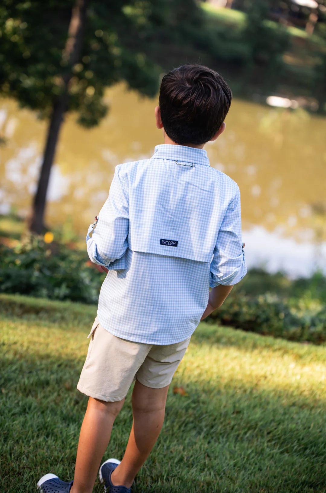 Long Sleeve Founders Kids Fishing Shirt Clear Sky Gingham