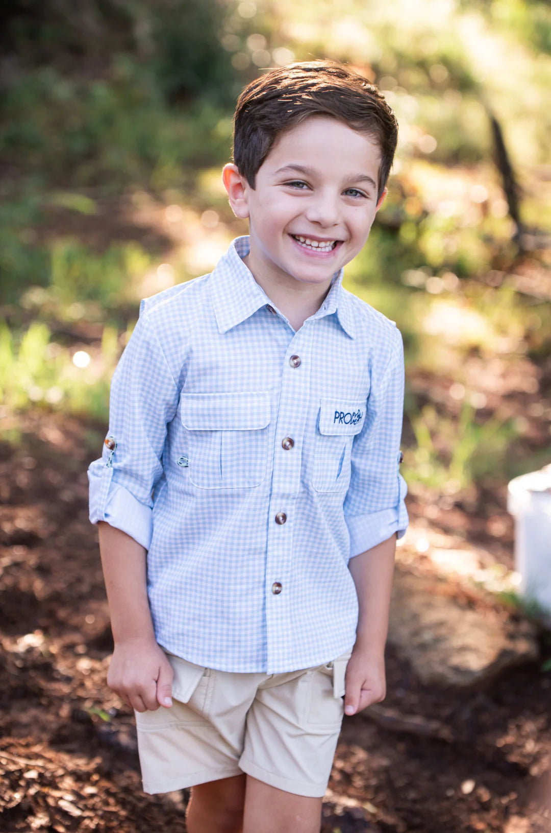 Long Sleeve Founders Kids Fishing Shirt Clear Sky Gingham