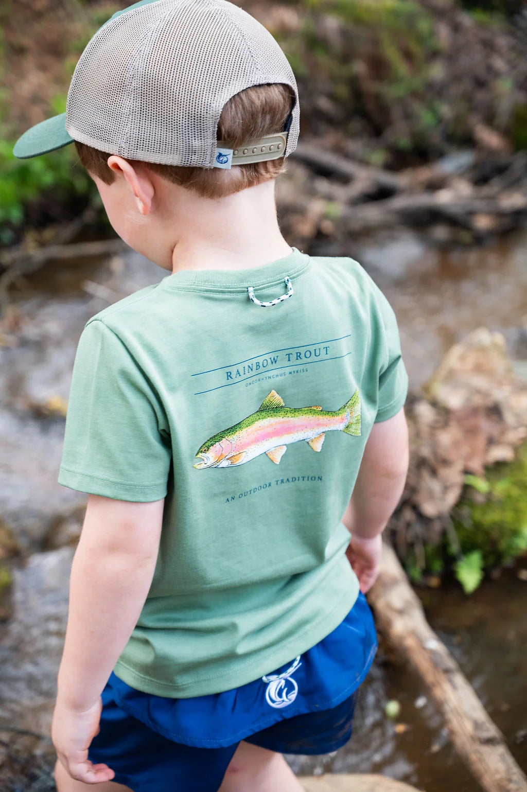 Boys' Short Sleeve Cotton T-shirt in Hedge Green with Rainbow Trout Fish
